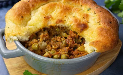 Lamb keema pie with a golden naan bread crust made using Gordon Rhodes’ No Hurry Chicken Curry Gourmet Sauce Mix